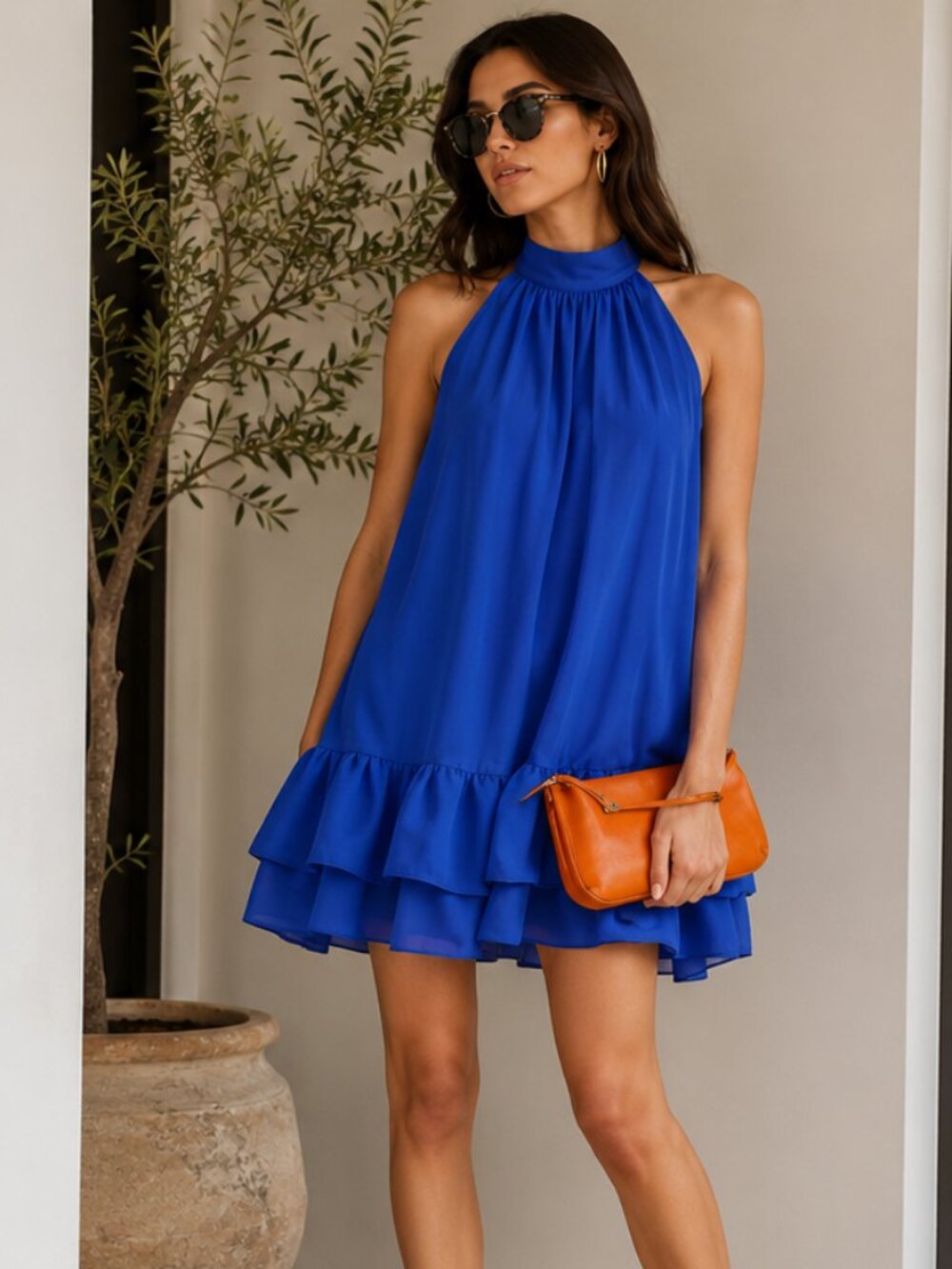 Alice + Olivia Erna Blue Halter Ruffle Mini Dress Size Large